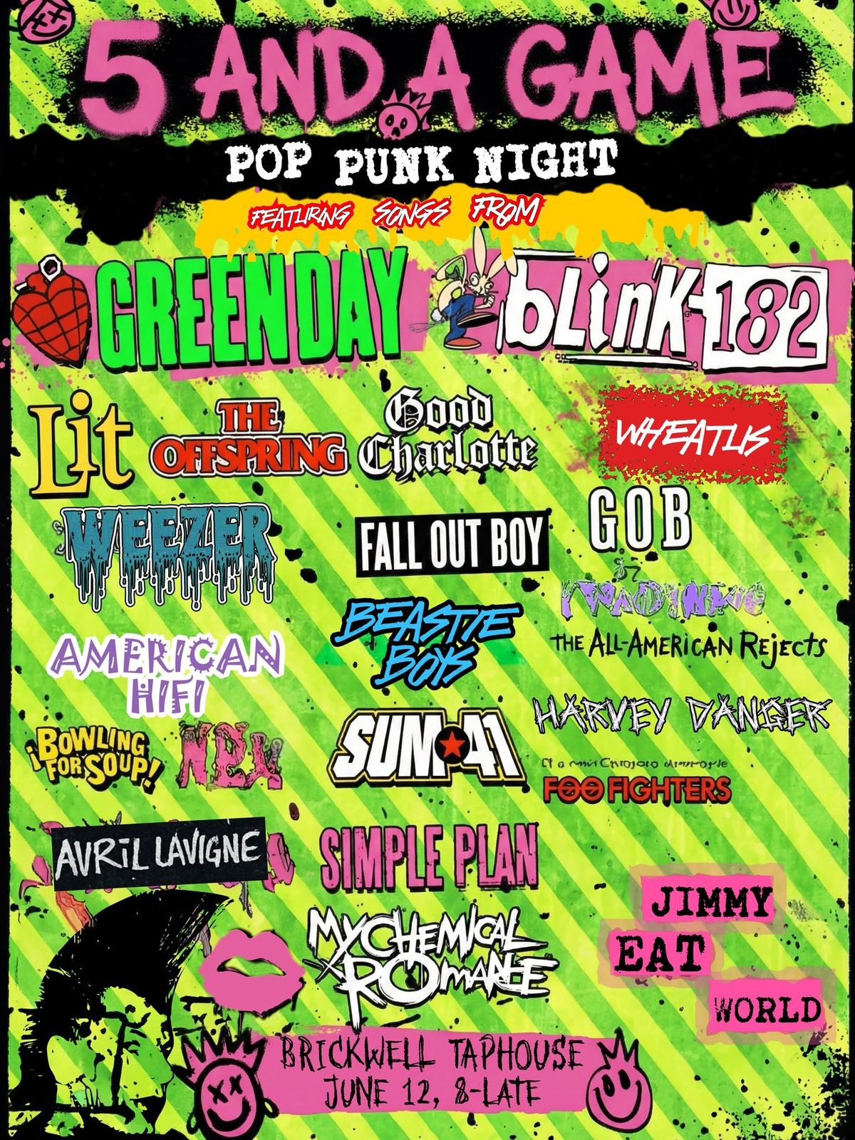 5 and a Game's original fluorescent pink and green Pop Punk Night poster, featuring the artists they cover