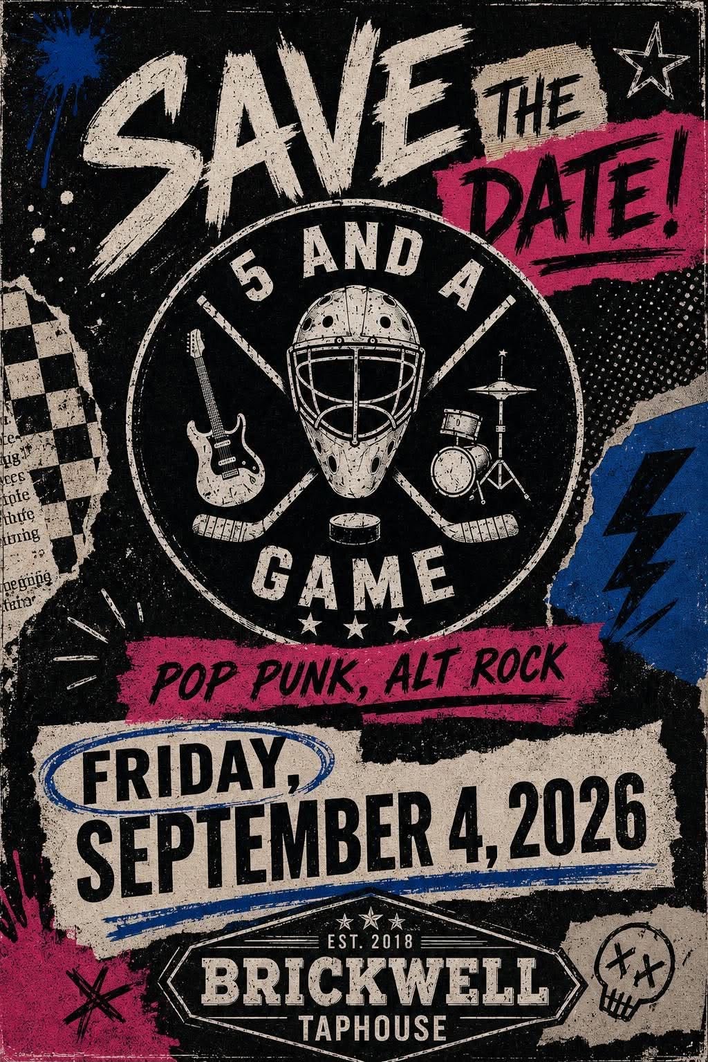 5 and a Game's original Save the Date poster in black, ivory, pink and blue, with their hockey-mask logo
